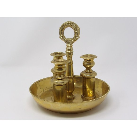 Vintage Neiman Marcus Brass Candlestick Holder Trio Candelabra with Handle Heavy - Picture 1 of 10